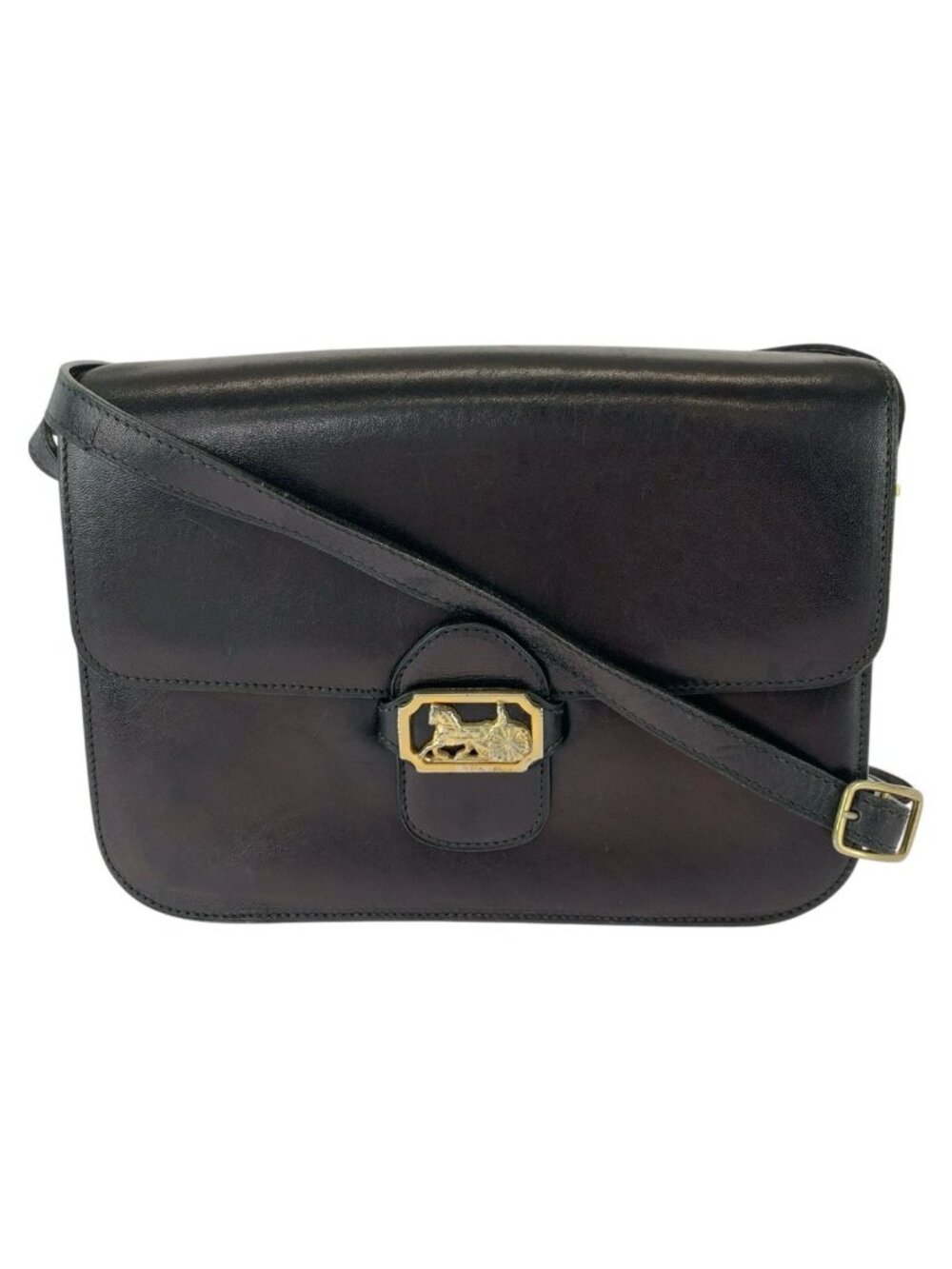 Celine Vintage Horse Carriage Black Gold Leather Plated Shoulder Bag